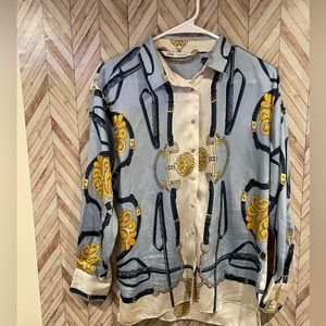 Zara Equestrian loose scarf print long sleeve blouse top shirt women’s Small